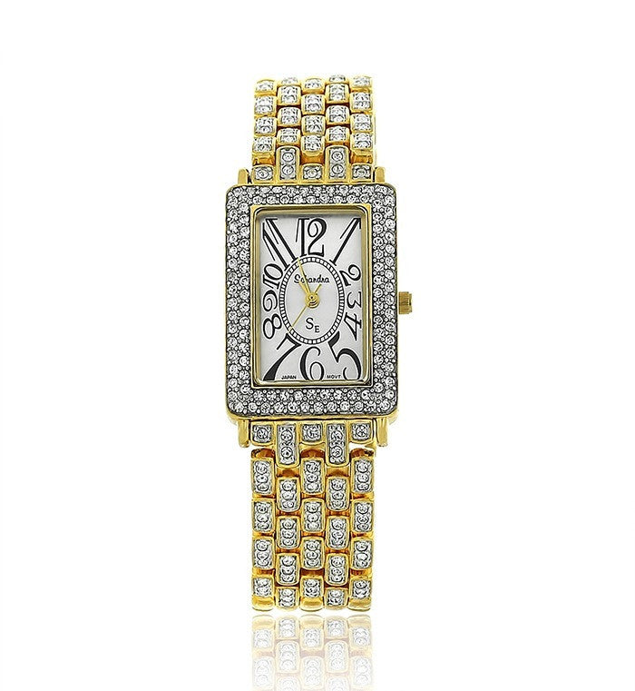 Gold Rectangle Swarovski Crystal Pearl Face Designer Watch