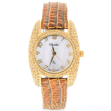Italian Leather Strap with Gold Swarovski Crystal and Mother of Pearl Watch