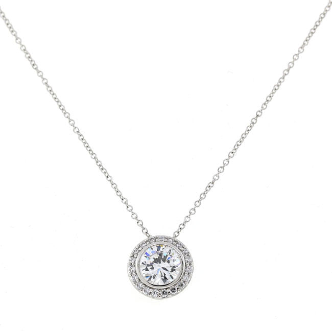 Silver Round Pave CZ Pendant Necklace Travel Jewelry