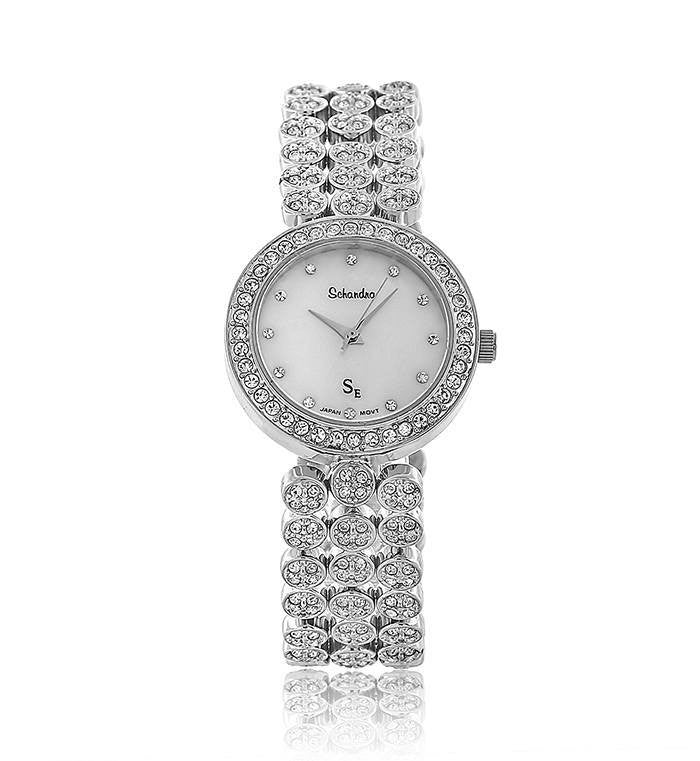 Silver Round Swarovski Crystal Pearl Face Designer Watch