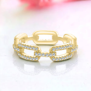 Gold Paperclip Link Ring Sterling Silver Pave