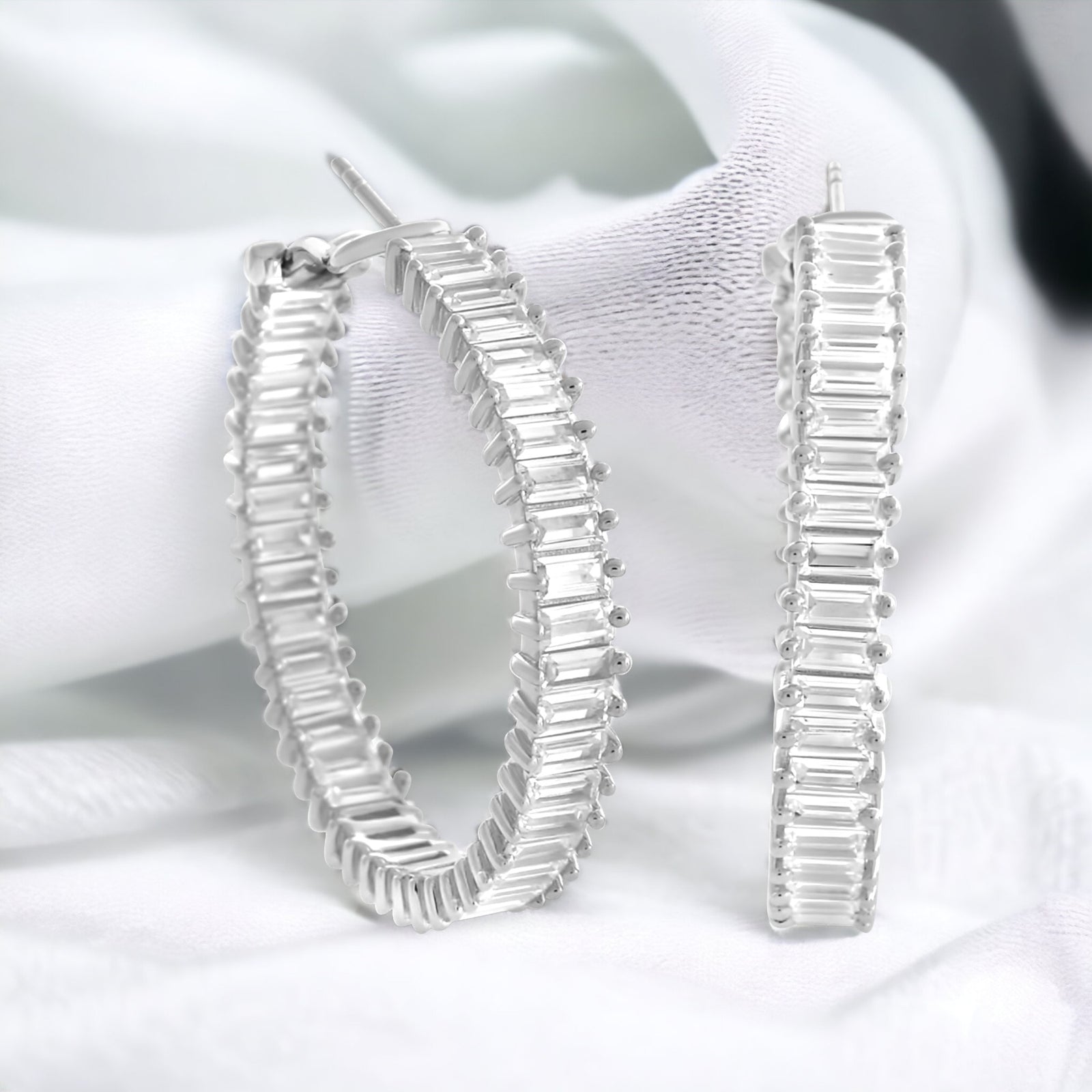 Silver Baguette Hoop Earrings Sterling Silver CZ