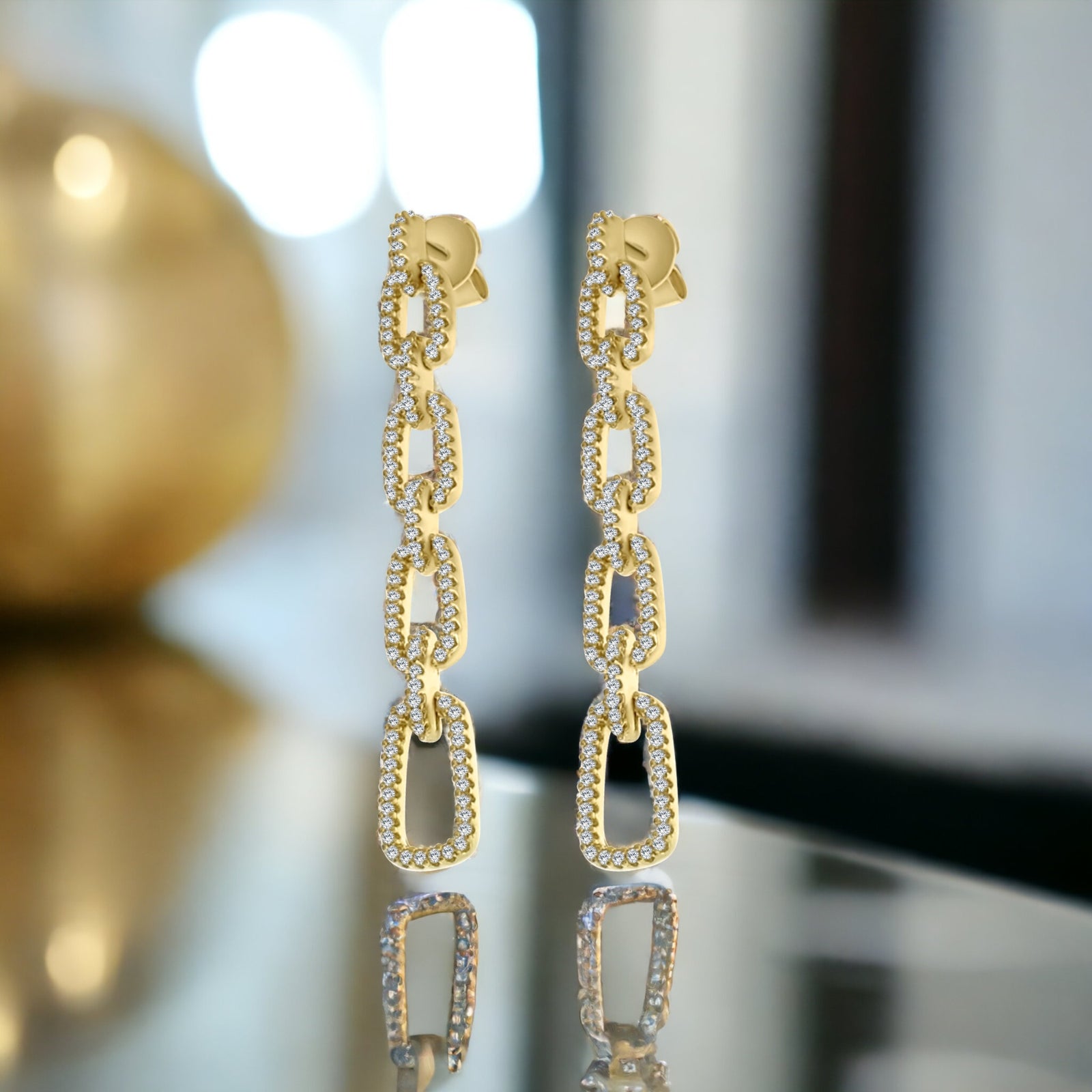 Gold Link Drop Earrings Sterling Silver CZ
