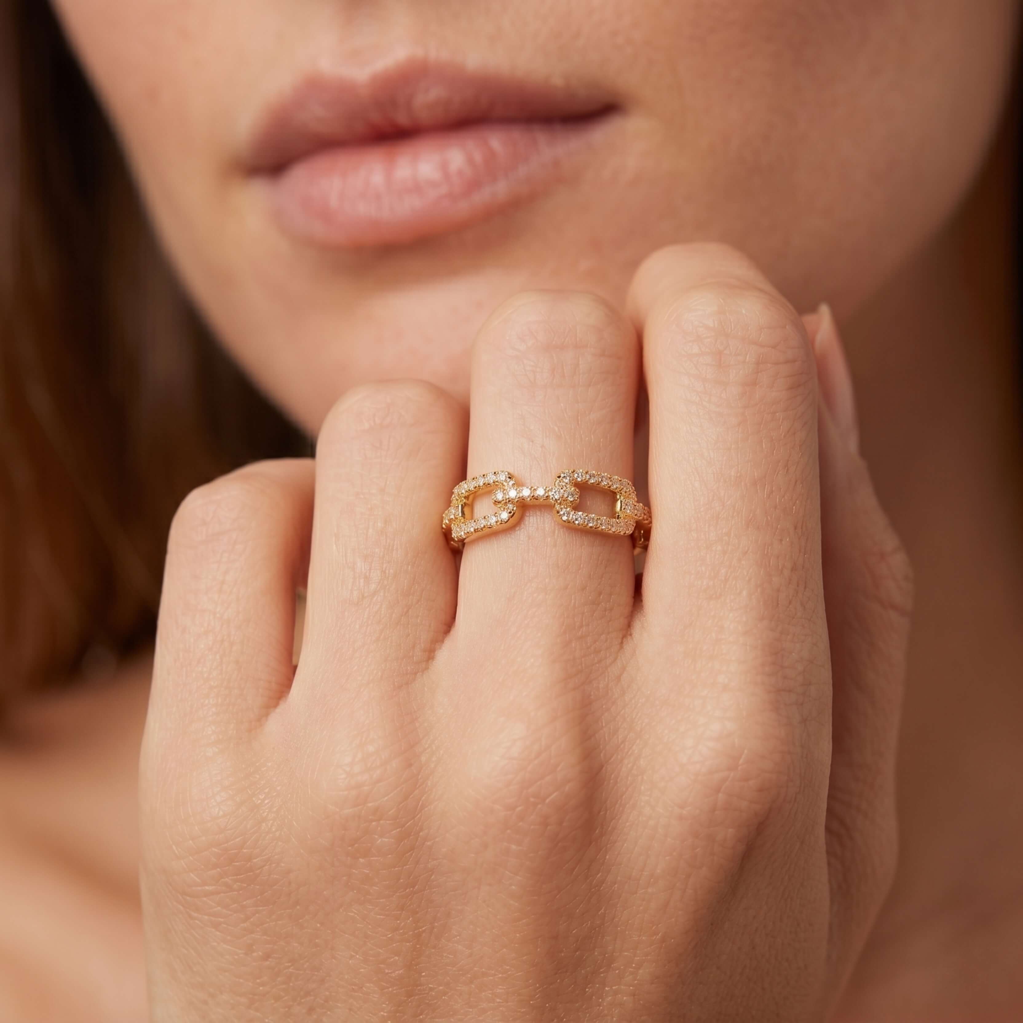 Gold Paperclip Link Ring Sterling Silver Pave