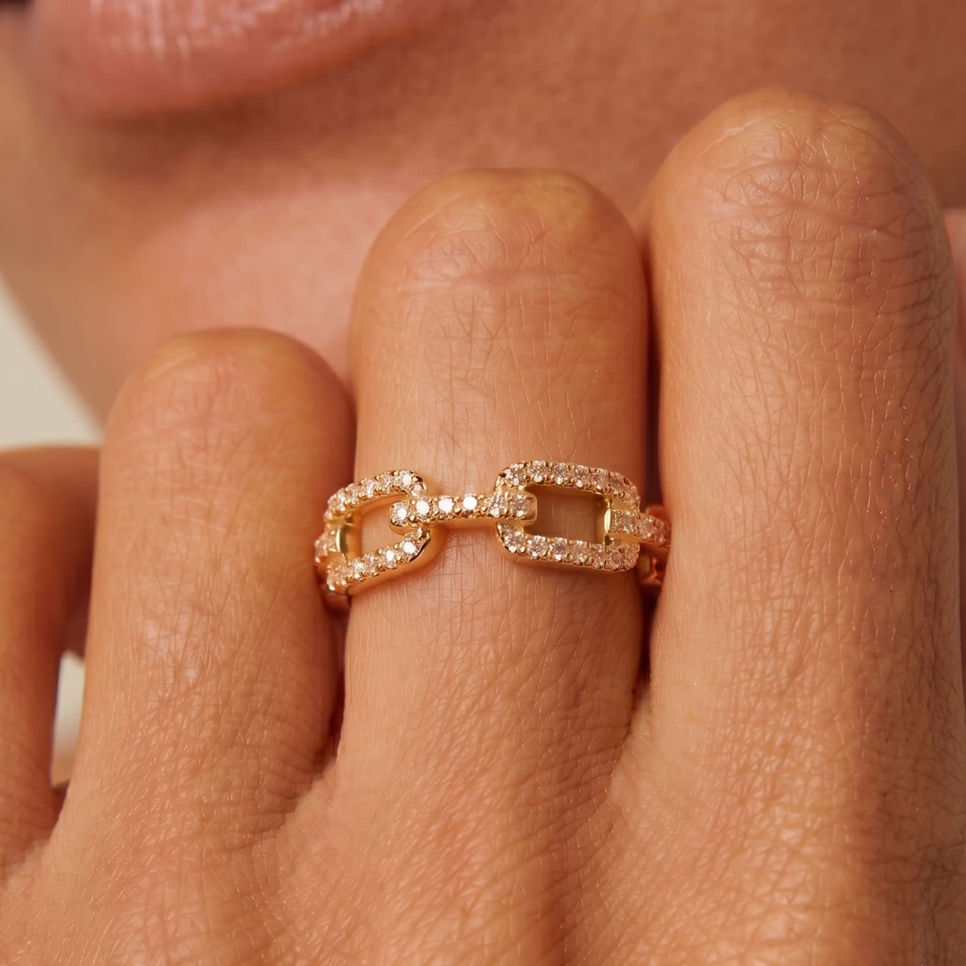 Gold Paperclip Link Ring Sterling Silver Pave
