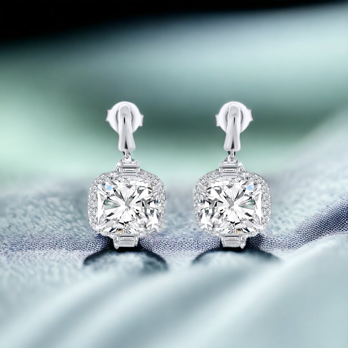 Fancy Cushion Silver Earrings Drop Pendant Cubic Zirconia CZ