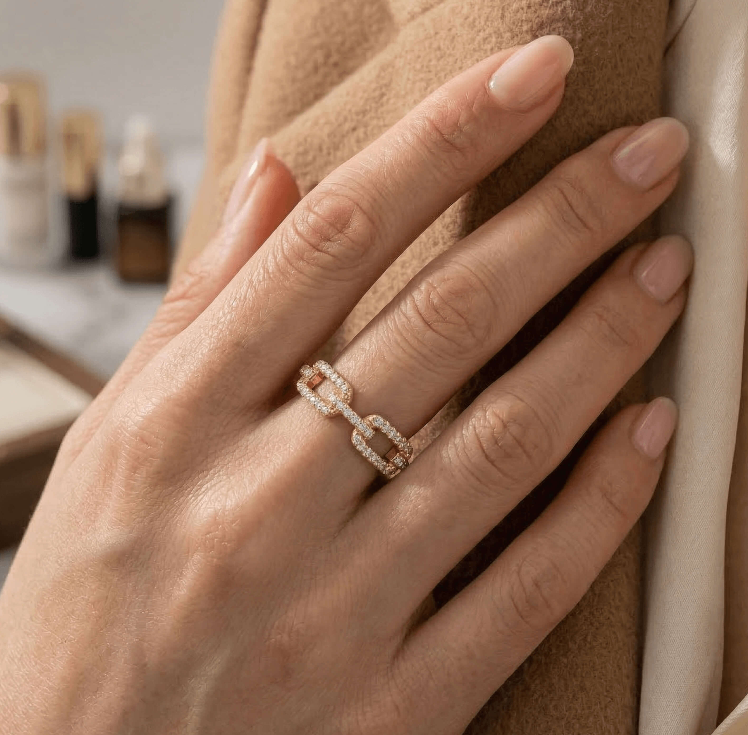 Gold Paperclip Link Ring Sterling Silver Pave