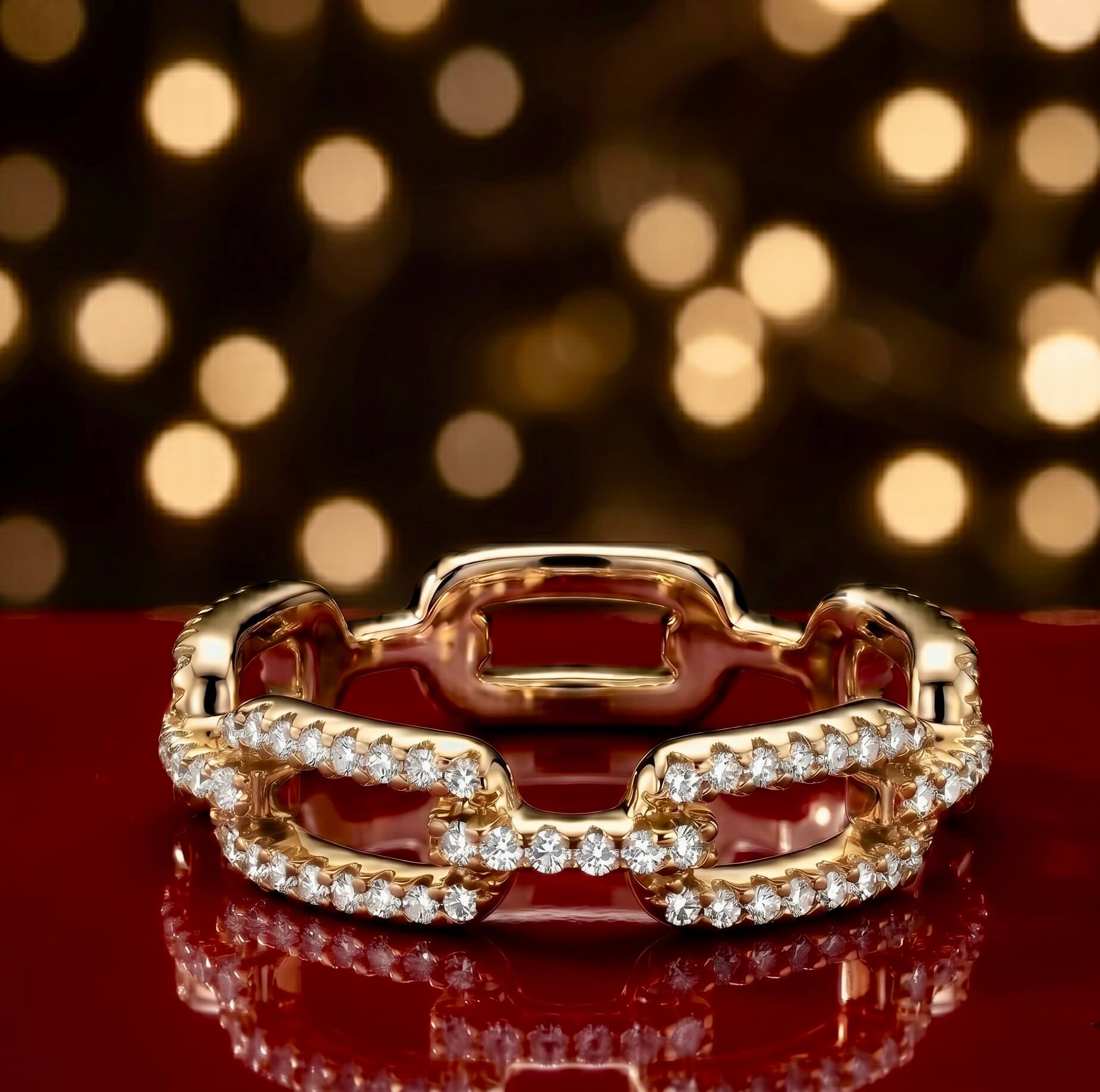 Gold Paperclip Link Ring Sterling Silver Pave
