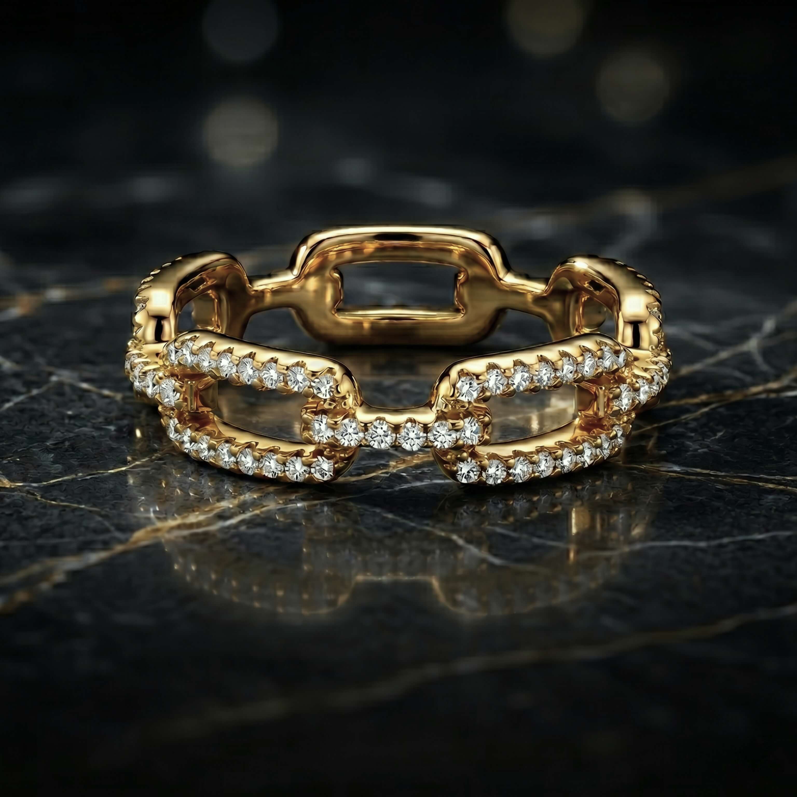 Gold Paperclip Link Ring Sterling Silver Pave