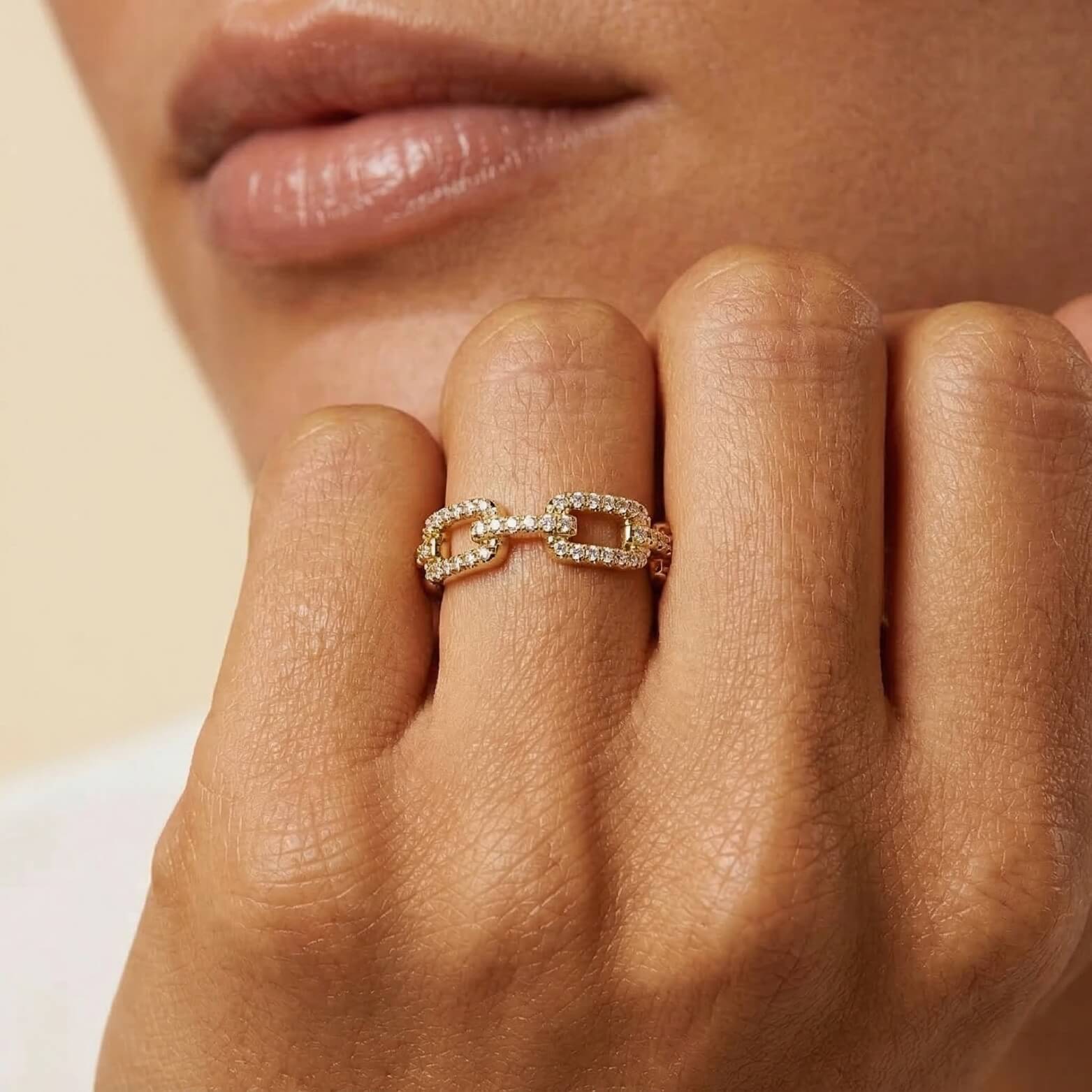 Gold Paperclip Link Ring Sterling Silver Pave