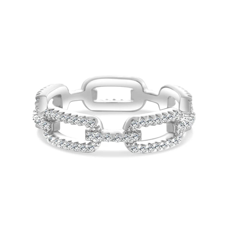 Gold Paperclip Link Ring Sterling Silver Pave