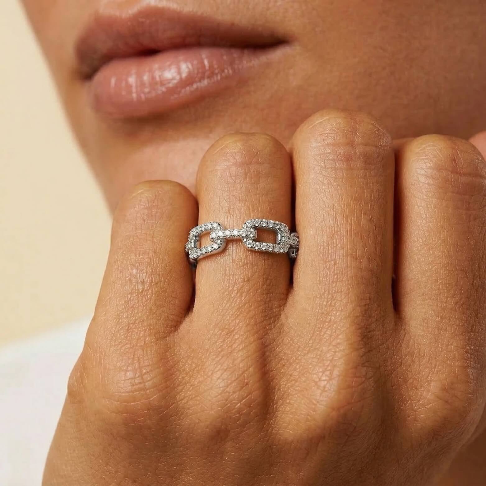 Paperclip Link Ring Sterling Silver Pave
