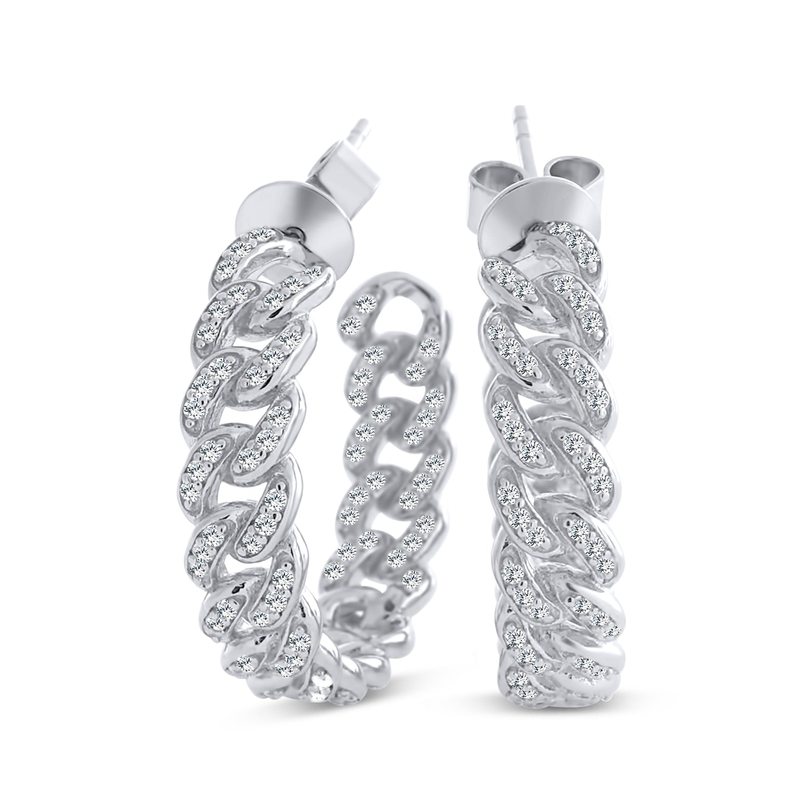 Silver Cuban Chain Hoop Earrings Micro Pave CZ