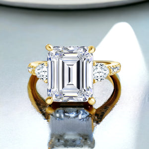 3-Stone Emerald Cut Gold Ring Sterling Silver 925 CZ