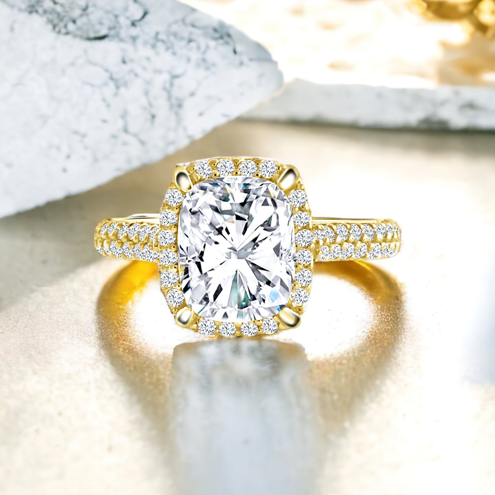 Gold Halo Ring Sterling Silver 925 CZ