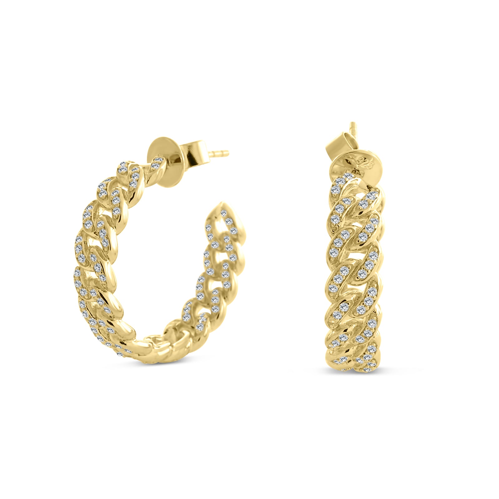 Gold Cuban Chain Hoop Earrings Micro Pave CZ