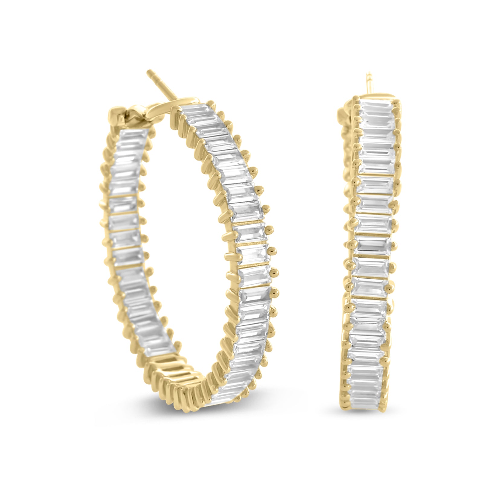 Gold Baguette Hoop Earrings Sterling Silver CZ