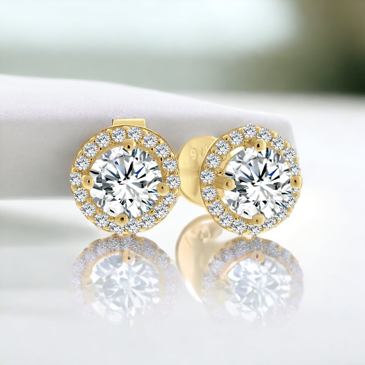 Halo Studs Gold Earrings Cubic Zirconia CZ