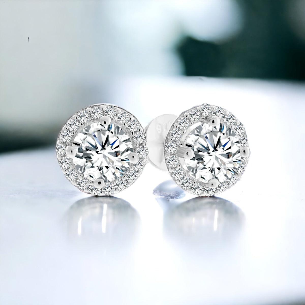 Halo Studs Silver Earrings Cubic Zirconia CZ