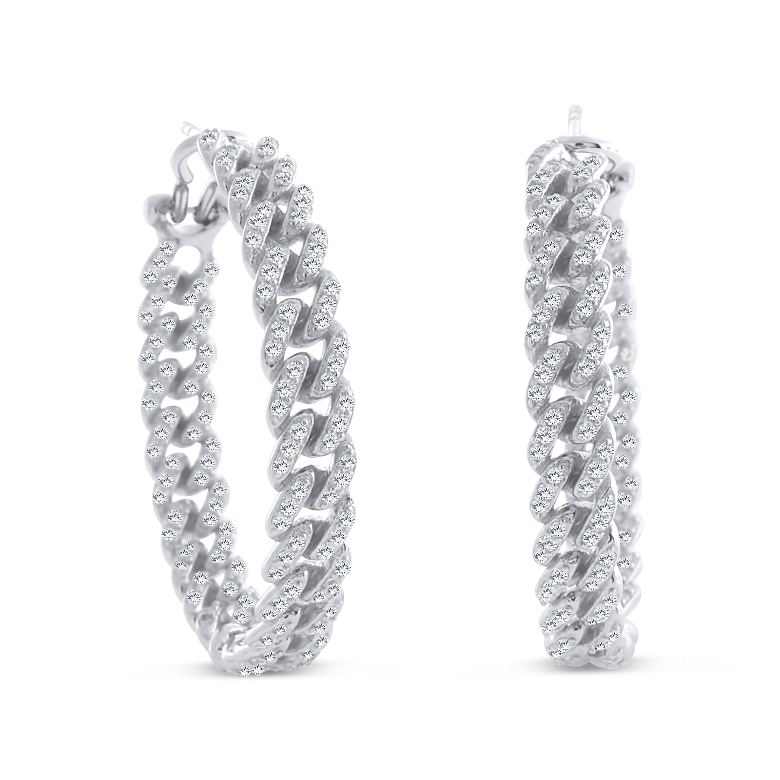 Large Silver Cuban Chain Hoop Earrings Micro Pave CZ