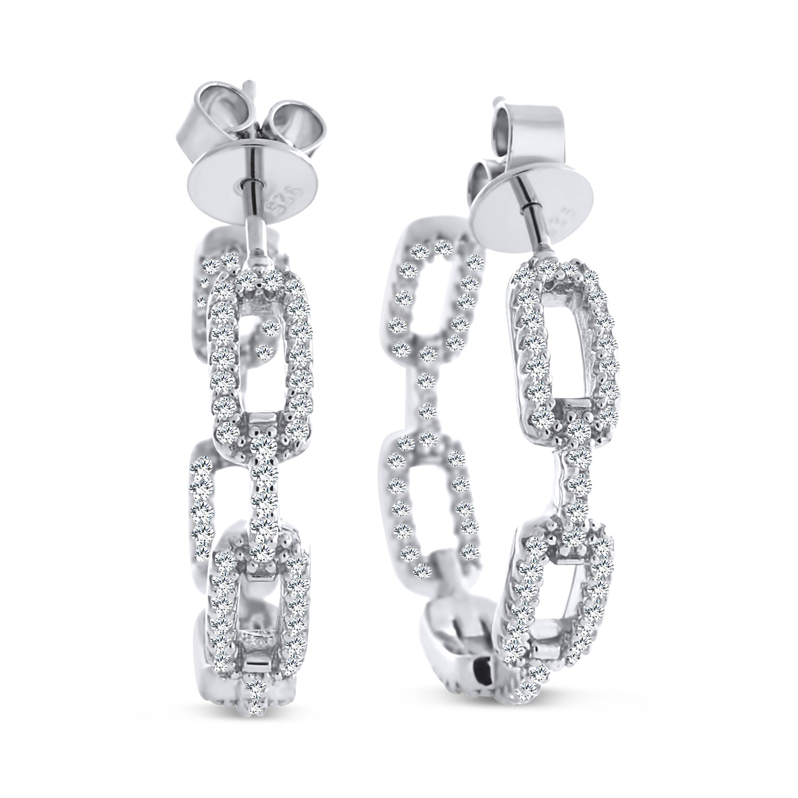 Silver Link Chain Hoop Earrings Micro Pave CZ