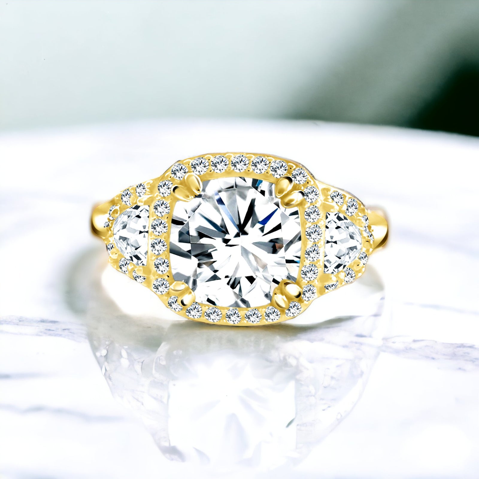 Square Halo Gold Ring Sterling Silver 925 CZ