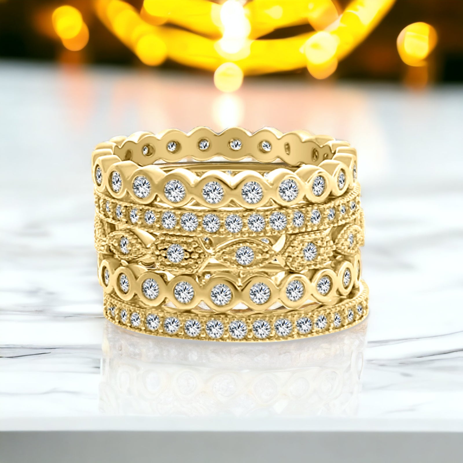 Set of 5 Stackable Gold Eternity Rings CZ