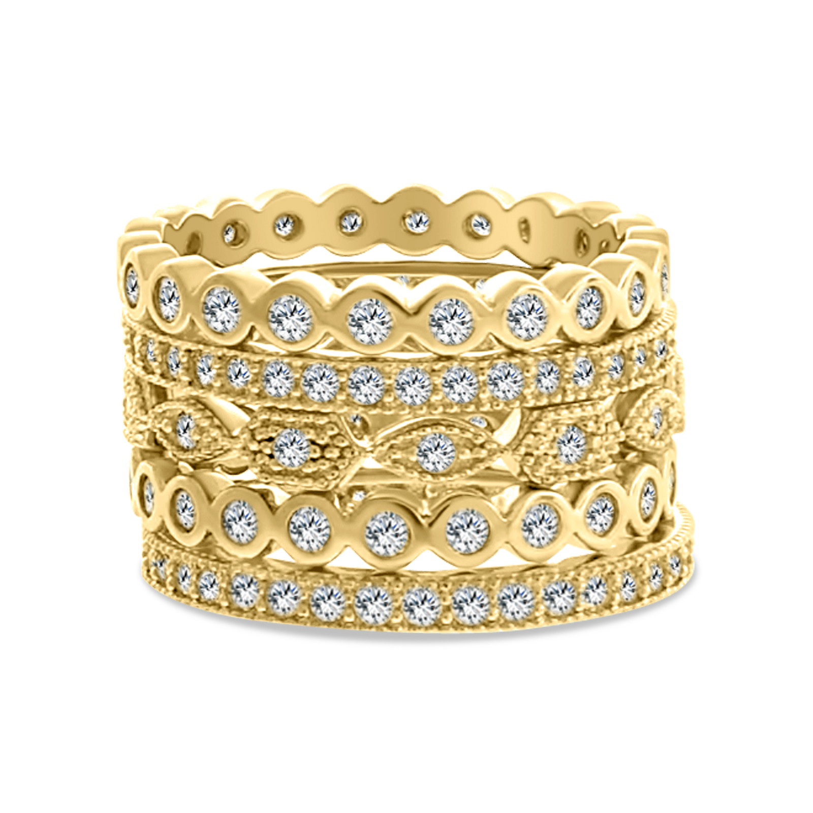 Set of 5 Stackable Gold Eternity Rings CZ
