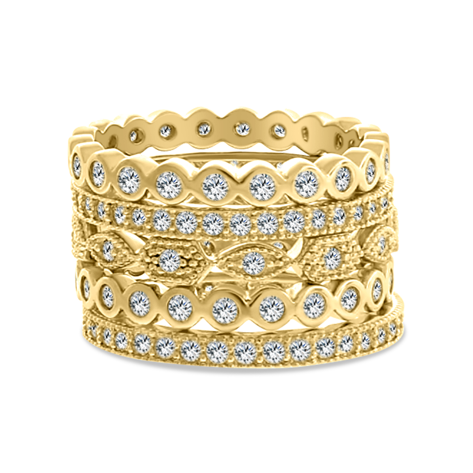 Set of 5 Stackable Gold Eternity Rings CZ