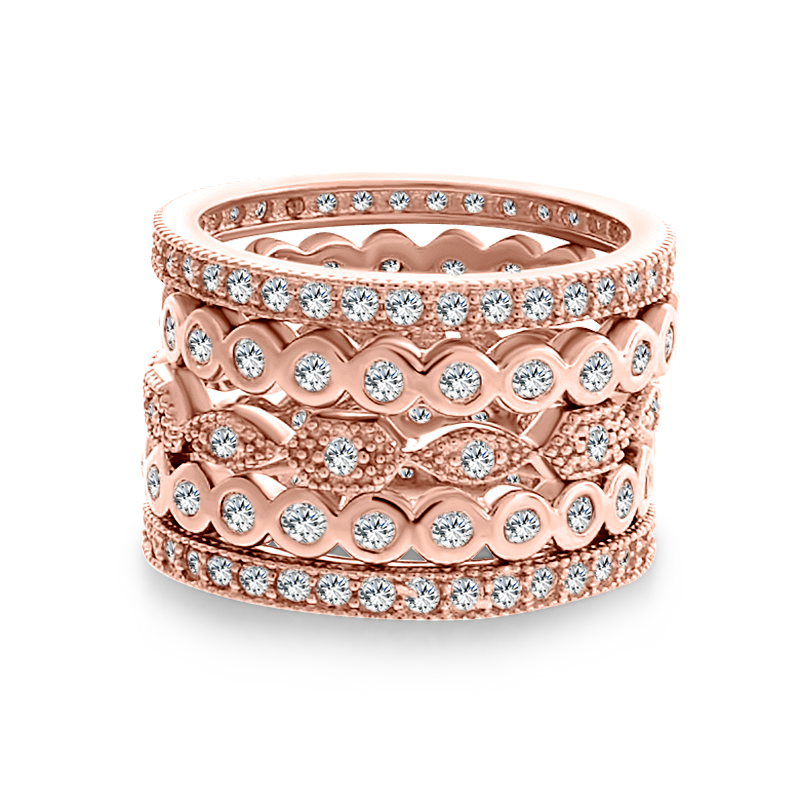Set of 5 Stackable Rose Gold Eternity Rings CZ