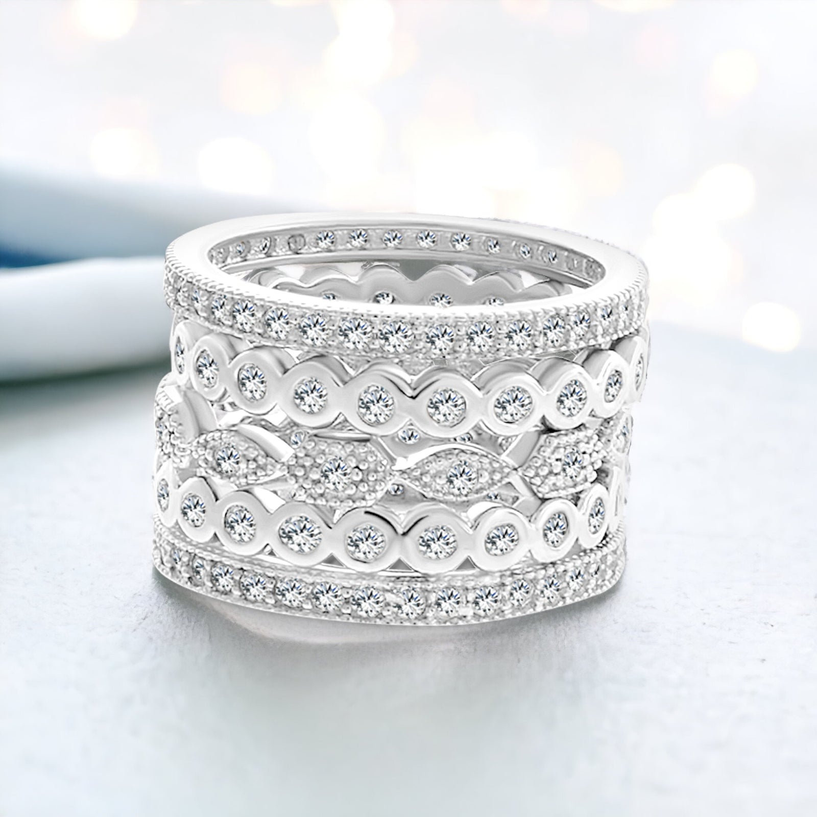 Set of 5 Stackable Silver Eternity Rings CZ