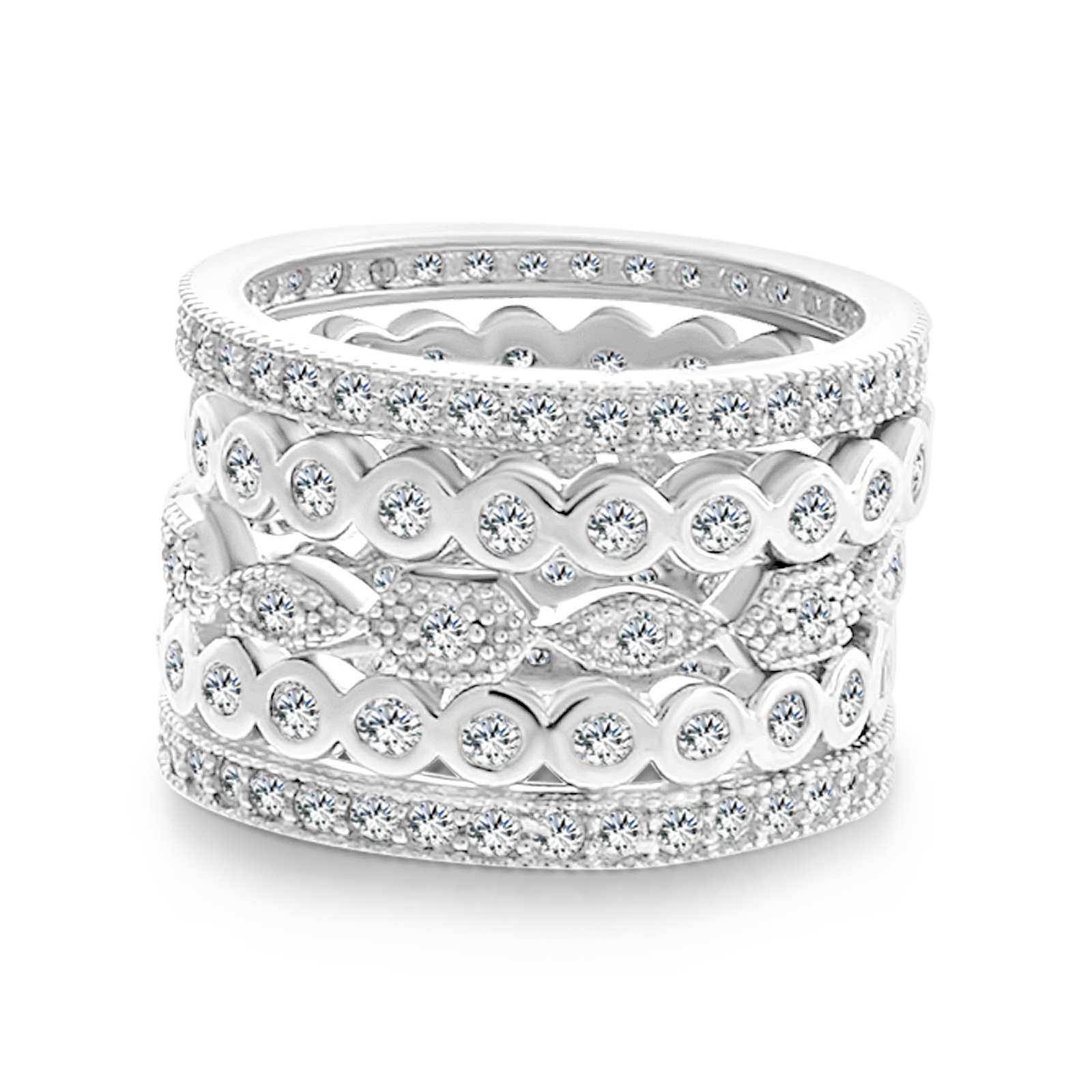 Set of 5 Stackable Silver Eternity Rings CZ