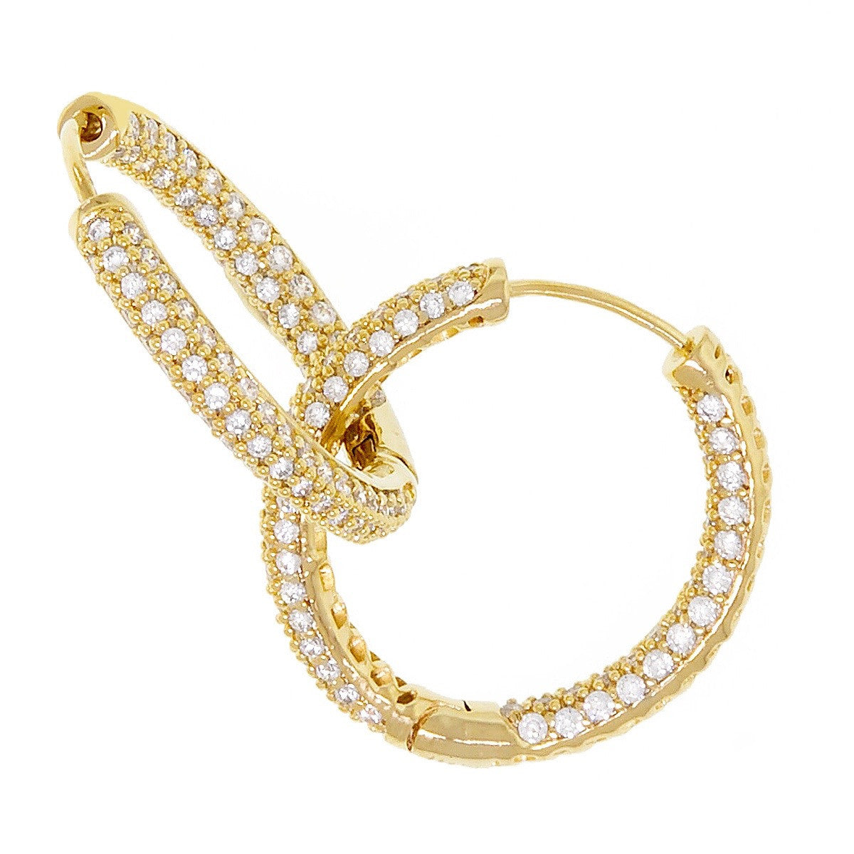 Large Gold Hoop with 3 rows CZ Sterling Silver Gold Plated Prong Set Inside out by Bobby Schandra