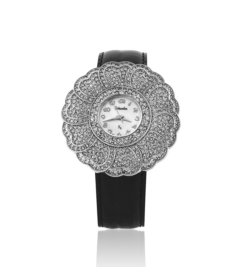 Black Leather Swarovski Crystal Petal Pearl Face Designer  display picture 2