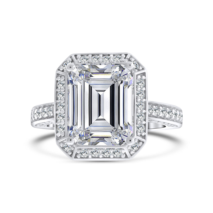 4 Carat Emerald Cut Halo Sterling Silver 925 Ring