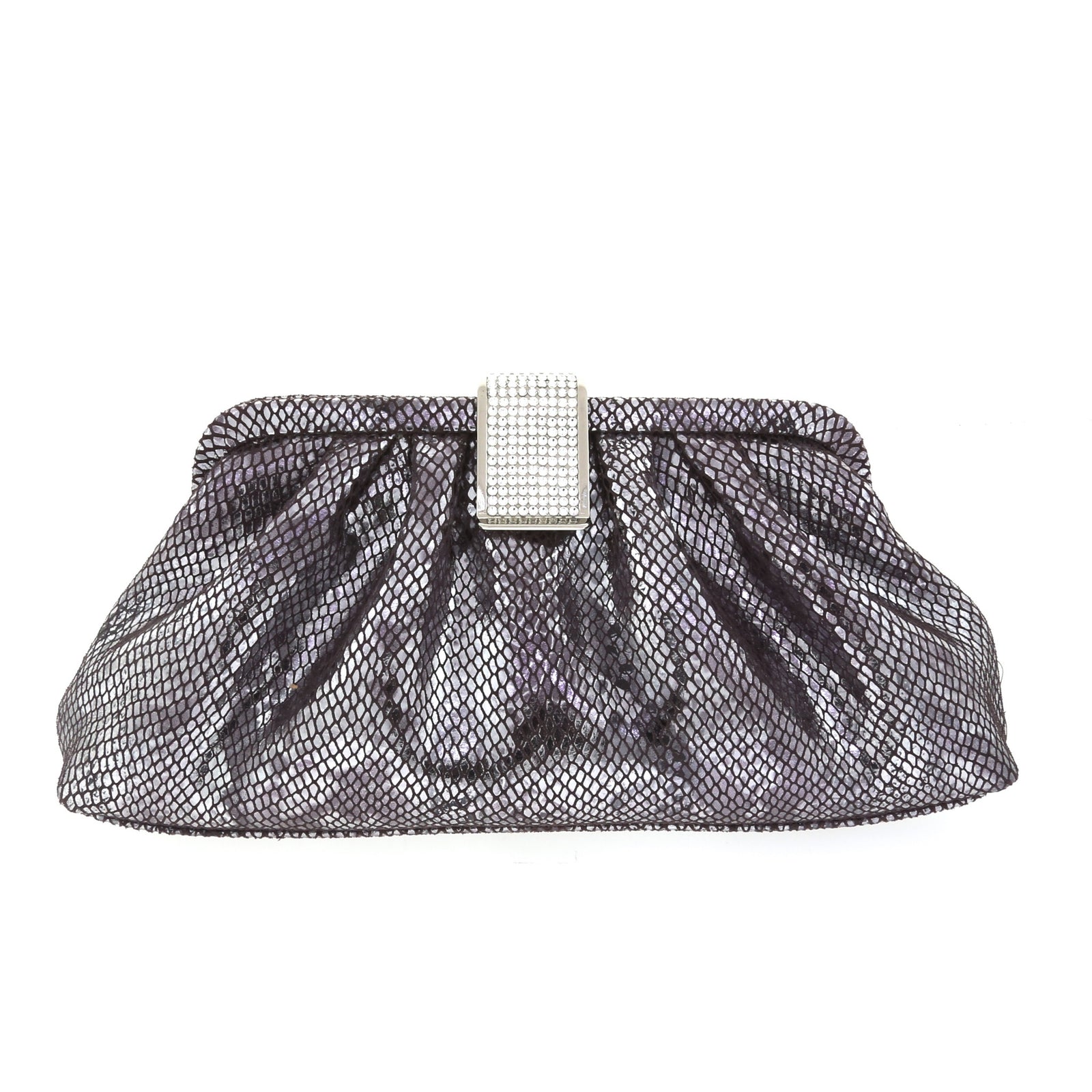 Black and Silver Snake Skin Clutch w/ Swarovski Crystal Square Clasp by Bobby Schandra