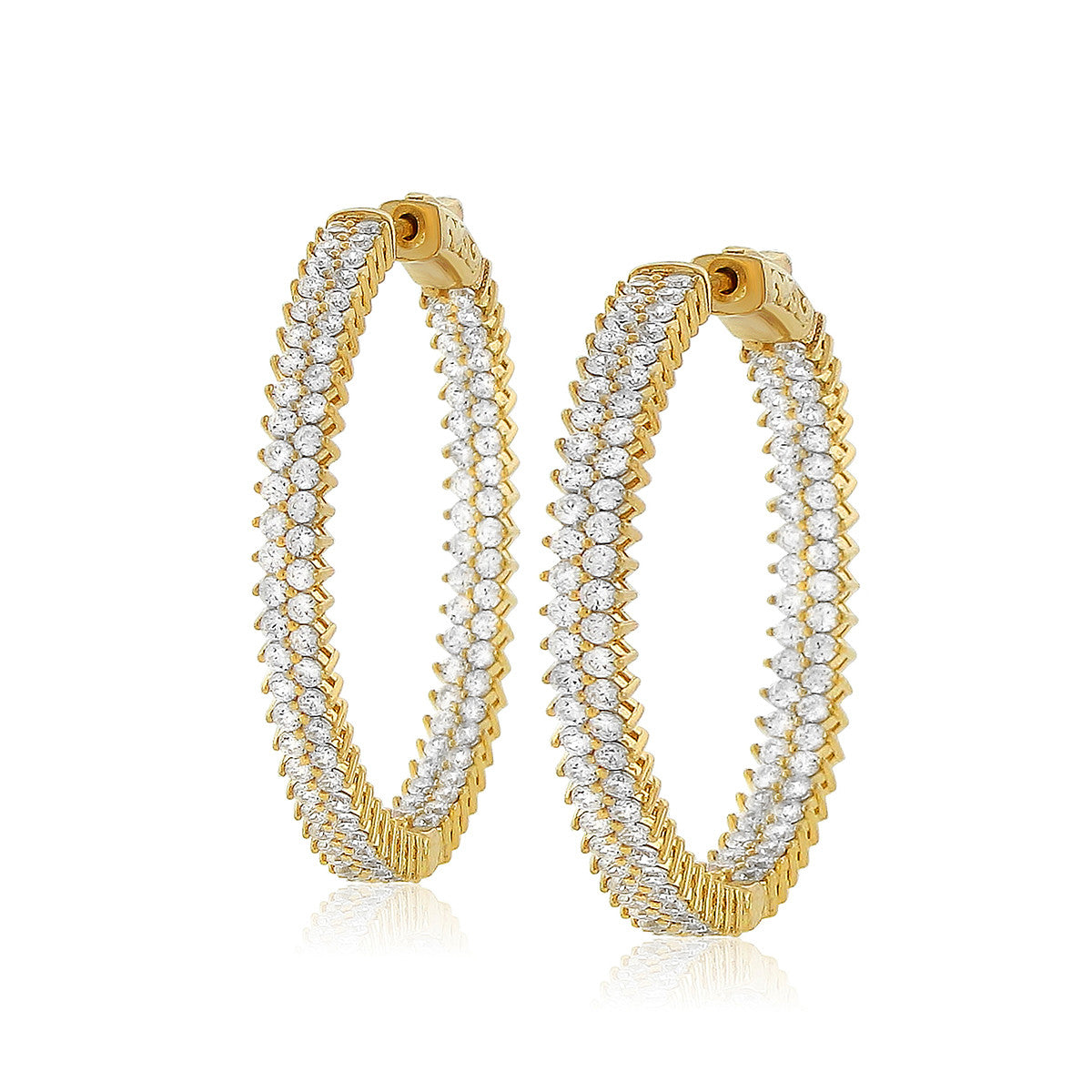 Large Gold Diamond Hoop Earrings w/Double Row Chandi Diamonds
