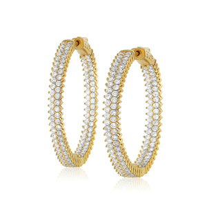 Large Gold Diamond Hoop Earrings w/Double Row Chandi Diamonds