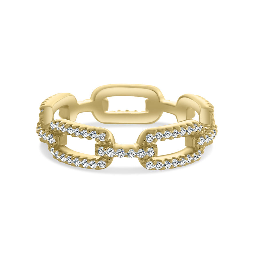 Gold Paperclip Link Ring Sterling Silver Pave