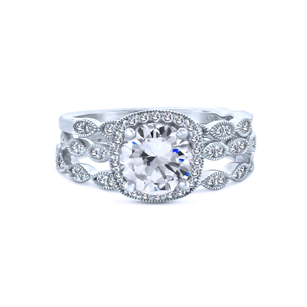 Silver Round Chandi Diamond Ring w/Swarovski Crystal Halo and Triple Band by Bobby Schandra