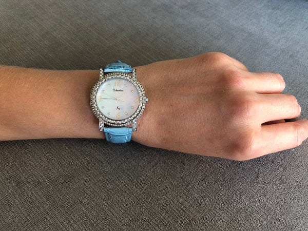 Turquoise round leather swarovski crystal watch - Bobby Schandra