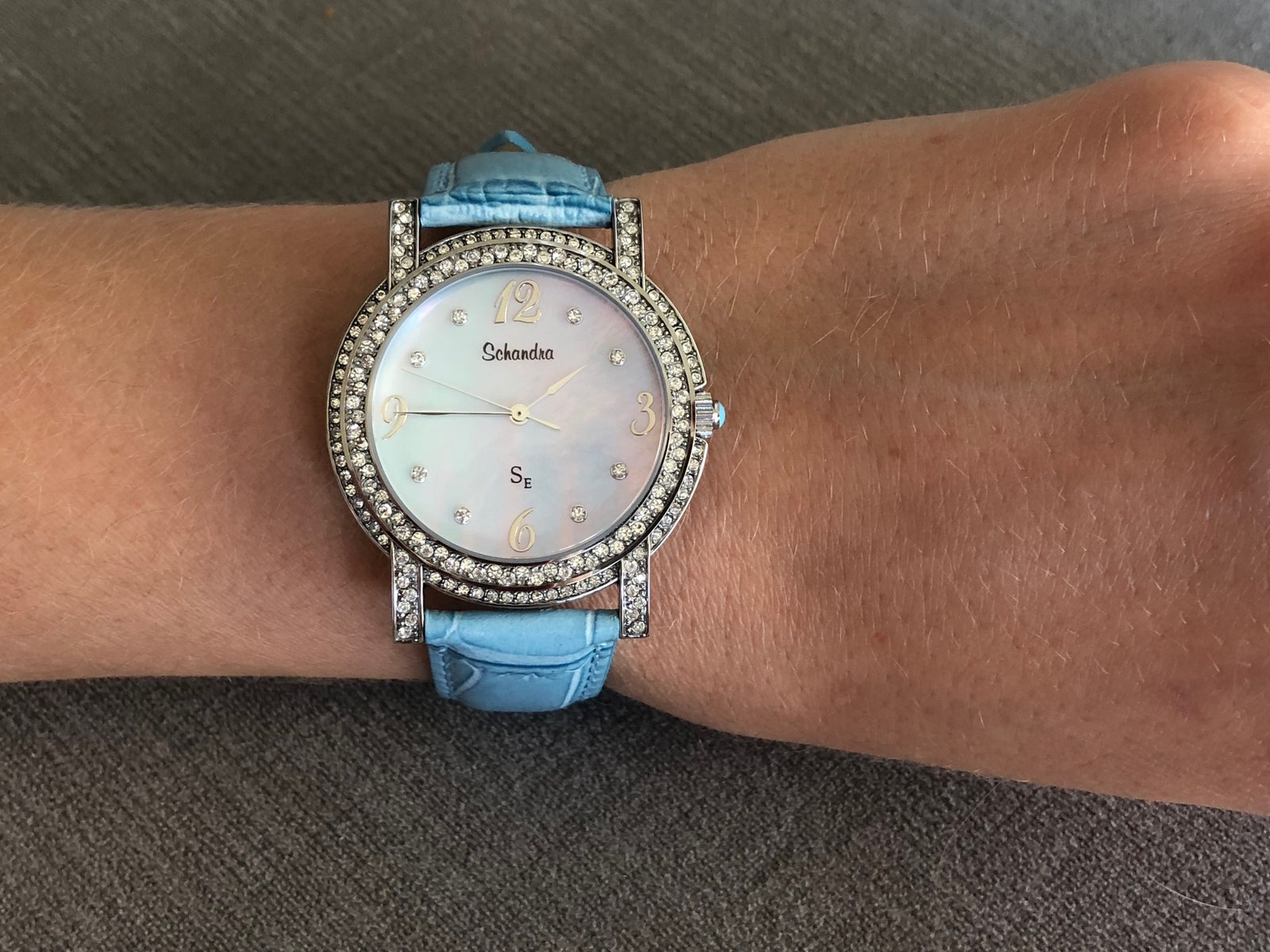 Turquoise round leather swarovski crystal watch