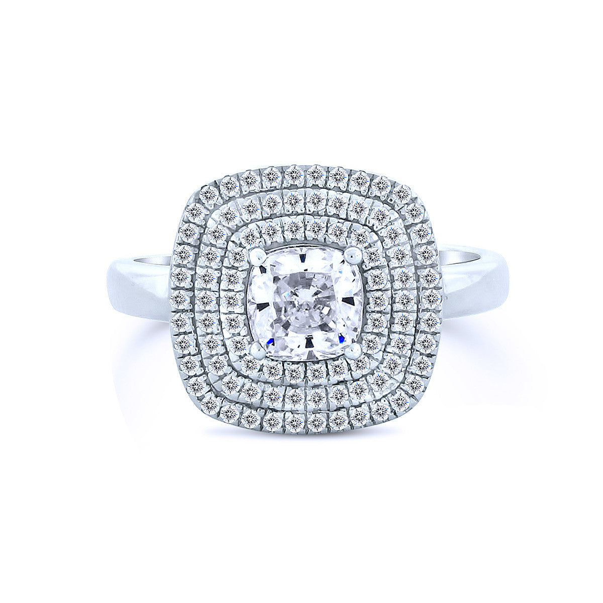 This vintage inspired silver ring has a Round center Chandi Diamond adorned with 3 square Swarovski crystal halos by Bobby Schandra