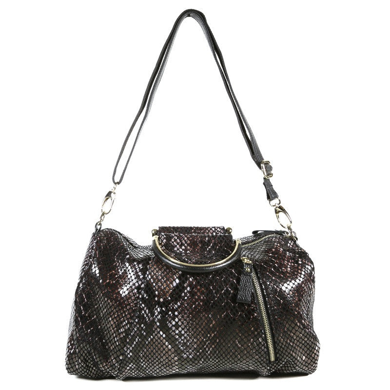 Patent Leather Snake Print Bag - Black/Brown