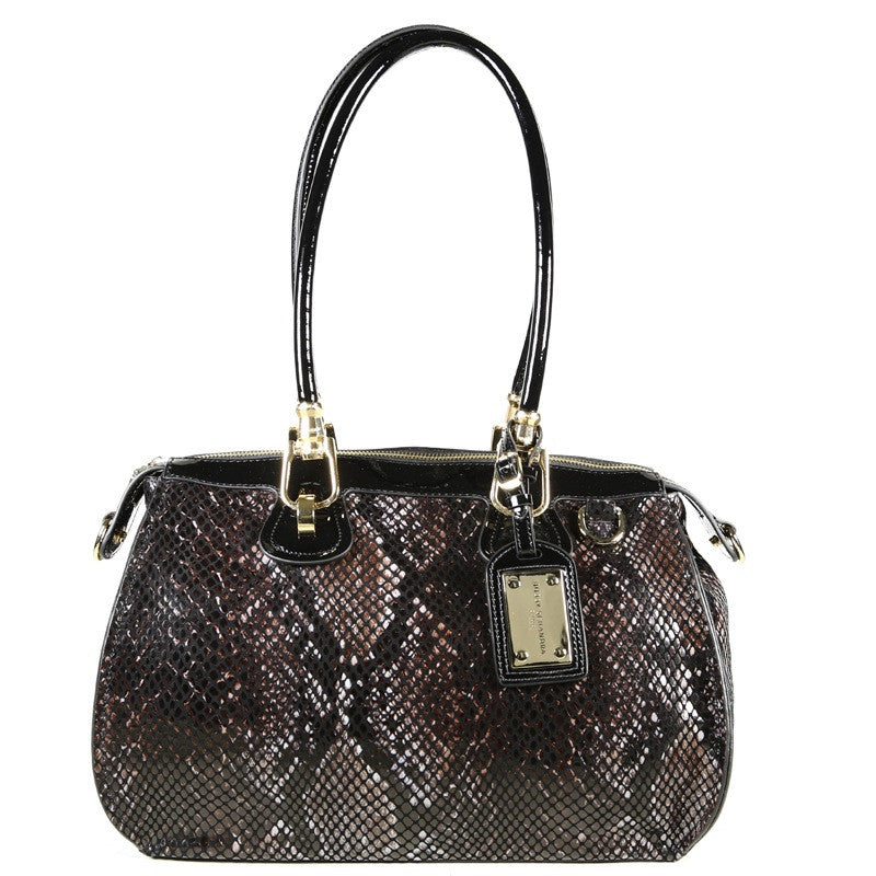 Patent Leather Snake Print Satchel Tote - Black/Brown
