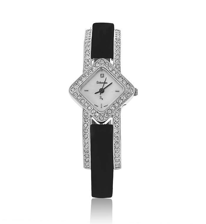 Black Suede Diamond Shaped Swarovski Crystal Pearl Face Watch