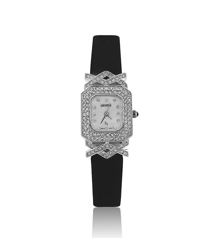 Black Suede Swarovski Crystal Pearl Face Designer Watch 