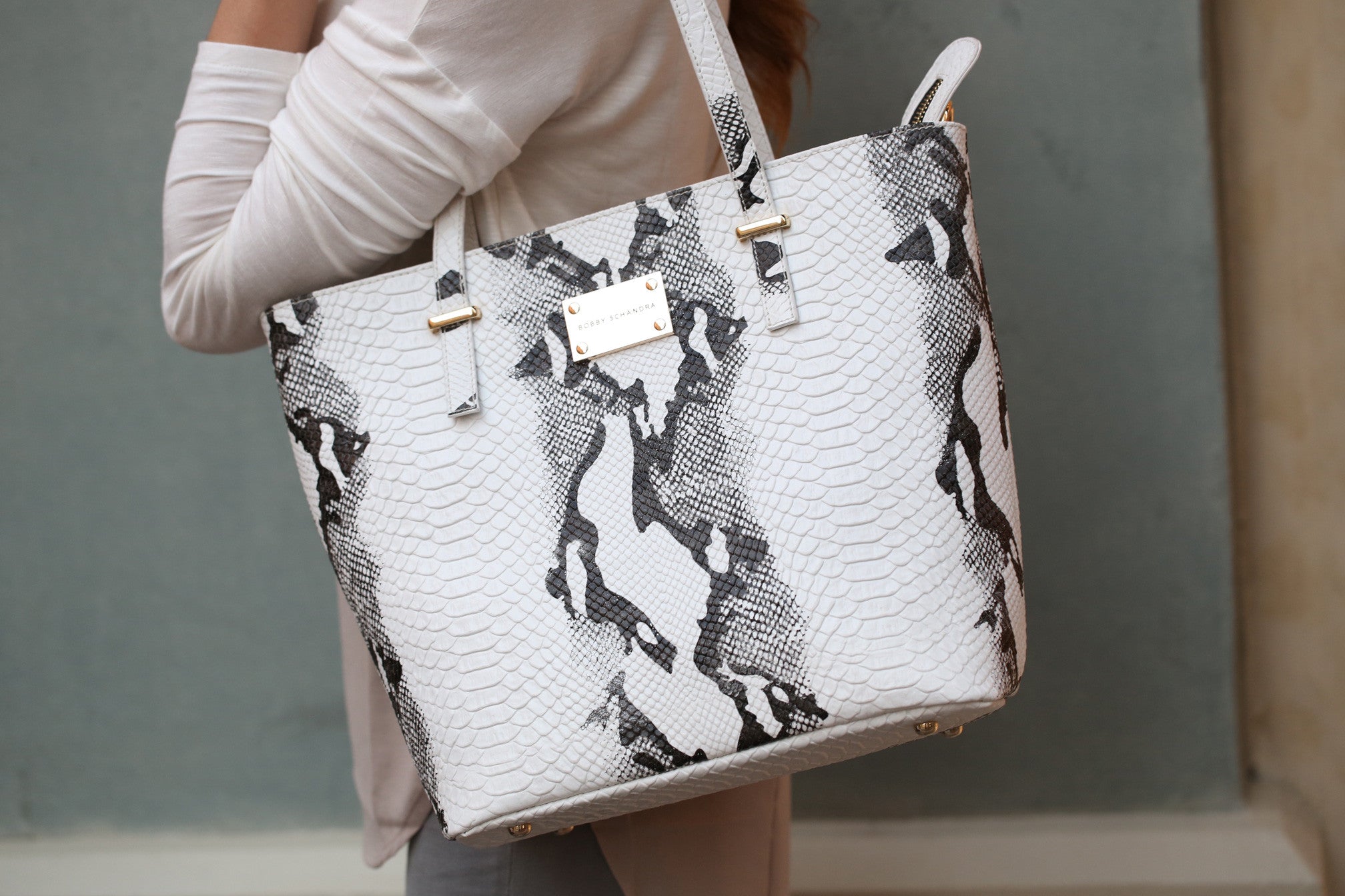 Designer Leather Tote Handbag: Black & White by Bobby Schandra