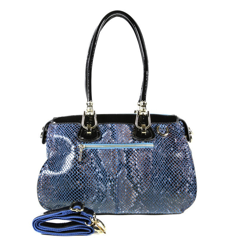 Blue Patent Leather Snake Print Satchel Tote