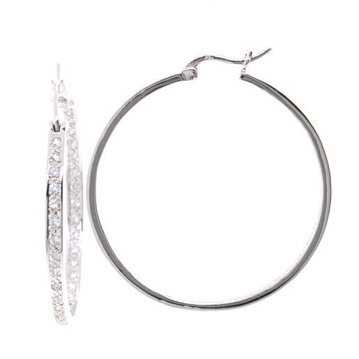 Bobby Schandra Designer Large Silver Plated Crystal Hoop Earrings 1.85&quot;